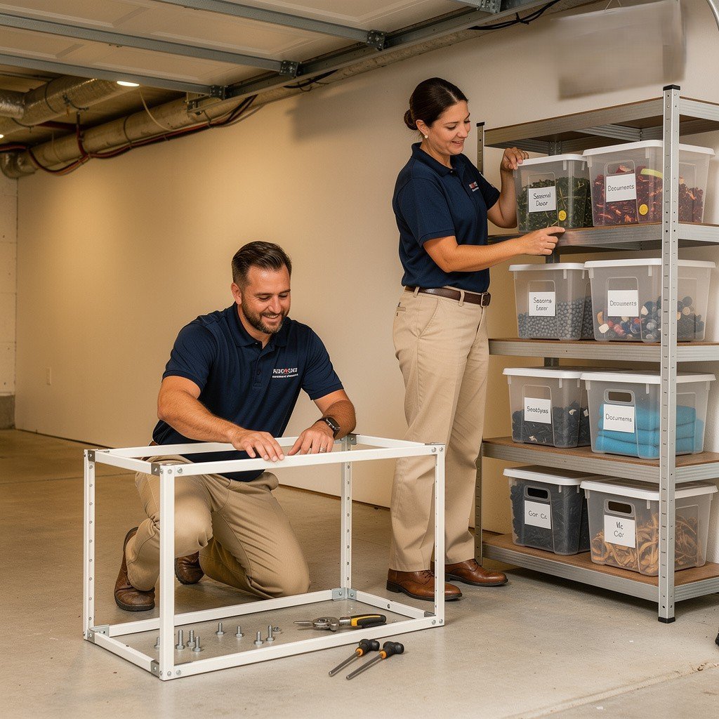 El equipo de FullOrganiza armando una repisa modular en una bodega